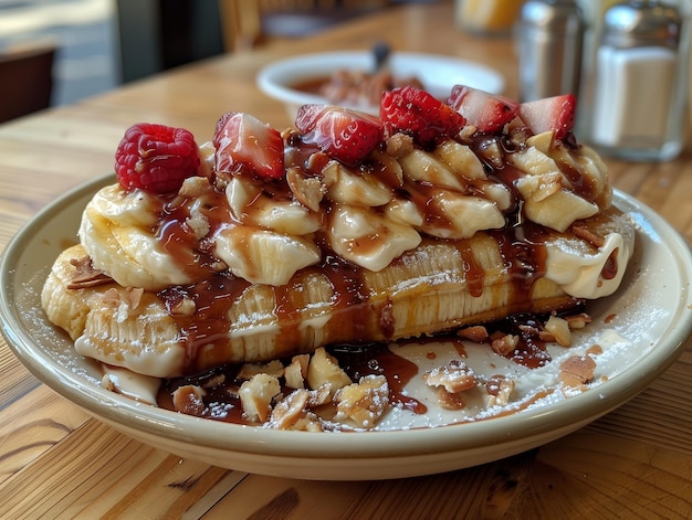 delicious classic banana split in a wooden table background rich colors pro lighting incredibly