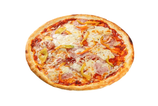 Delicious classic italian pizza with Mozzarella ham pepperoni and paprika