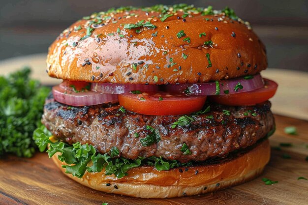 Delicious CloseUp of a Juicy Cheeseburger with Fresh Vegetables and Sesame Seed Bun