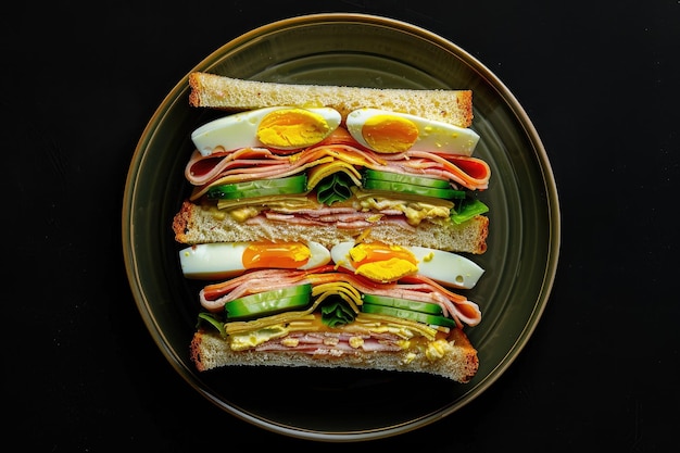 Photo delicious club sandwich topdown view of layers and ingredients