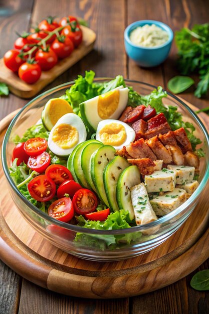 Photo delicious cobb salad with grilled chicken avocado bacon softboiled eggs and fresh vegetables