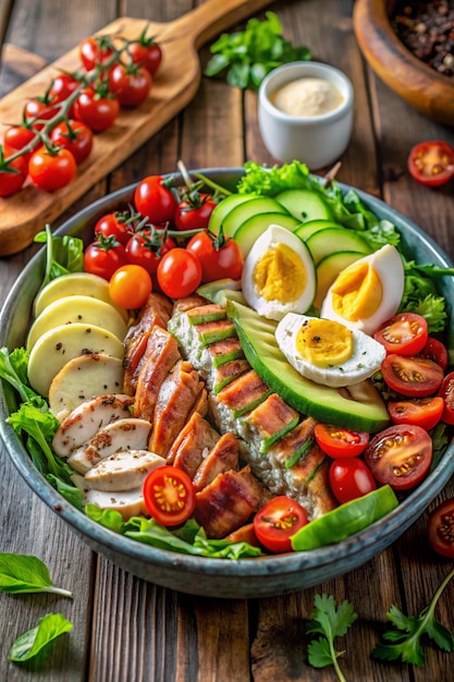 Photo delicious cobb salad with grilled chicken avocado bacon softboiled eggs and fresh vegetables