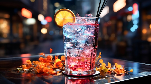 A delicious cocktail in a modern glass with ice in the night life of the city