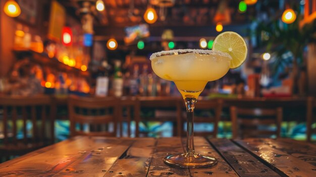 Delicious cocktail with lime and sugar on bar counter Space for text