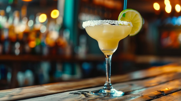 Delicious cocktail with lime and sugar on bar counter Space for text