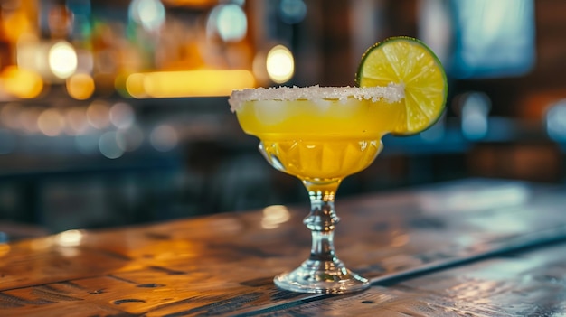 Delicious cocktail with lime and sugar on bar counter Space for text