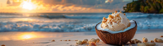 Photo delicious coconut ice cream served in a coconut shell on a sandy beach during a stunning sunset