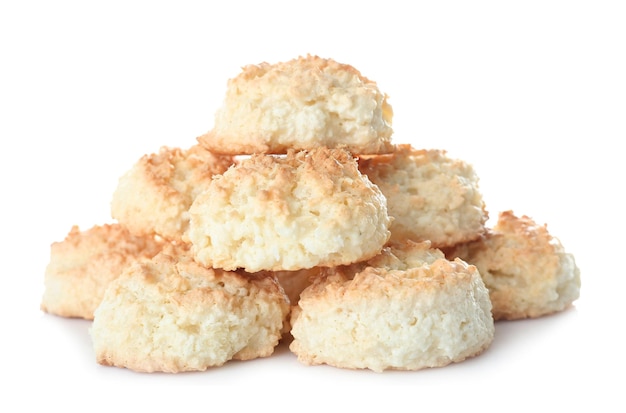 Delicious coconut macaroons on white background