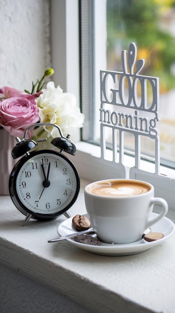 Photo delicious coffee alarm clock beautiful flowers and good morning wish on light windowsill