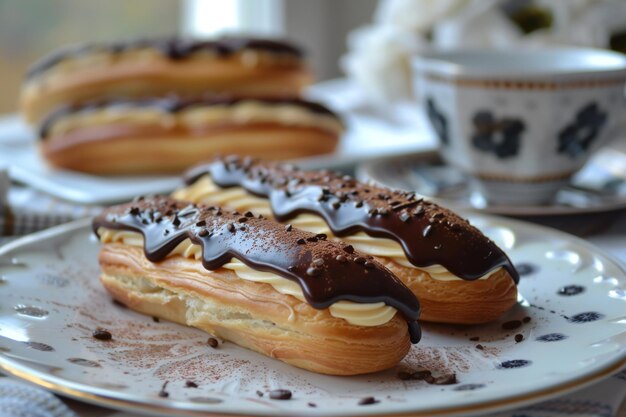 Photo delicious coffee eclairs with creamy filling and chocolate topping elegant french pastries perfect