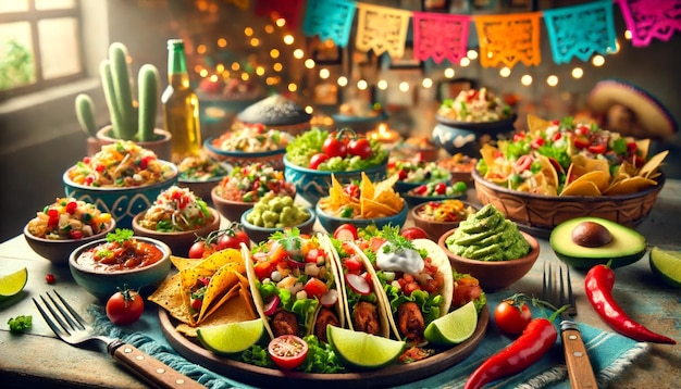 delicious and colorful Mexican food such as tacos nachos or enchiladasappetizing dishes