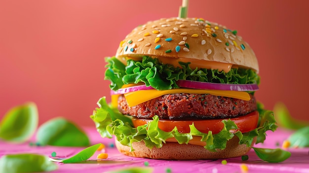 A delicious colorful veggie burger with lettuce tomato onion and cheese