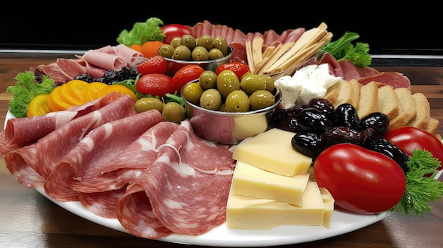 A delicious combination of savory Italian cured meats and cheeses served alongside fresh vegetables and olives make up this stunning cold antipasto platter Generated by AI