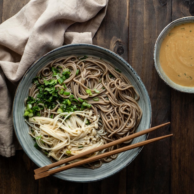 Delicious composition of noodles on a table