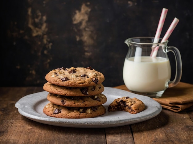 Delicious cookies on wooden board and glass of milk