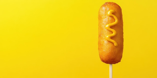 Photo a delicious corn dog on a stick topped with mustard against a vibrant yellow background perfect for food enthusiasts