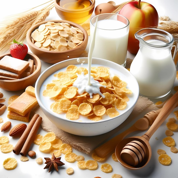 Delicious corn flakes with splashes of milk in a white bowl on a light background