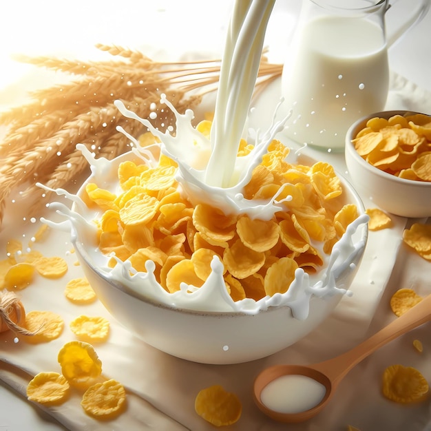 Delicious corn flakes with splashes of milk in a white bowl on a light background