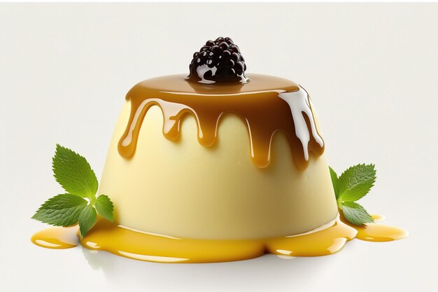 Delicious cream pudding with caramel sauce blackberry topping and mint leaves