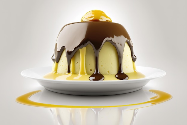 Delicious cream pudding with cheese and chocolate sauce