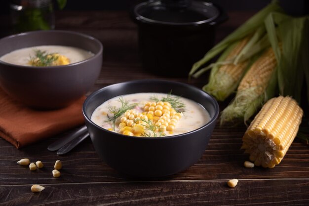 Delicious creamy corn soup in a bowl on wooden table