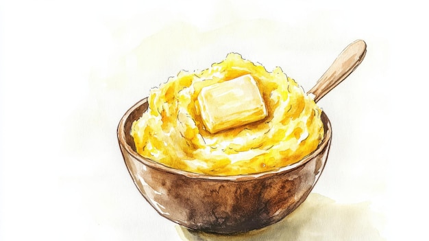 Delicious creamy mashed potatoes topped with butter in a wooden bowl served as a comforting side dish for a family dinner