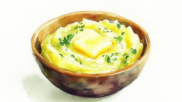 Delicious creamy mashed potatoes topped with melting butter and fresh herbs served in a wooden bowl