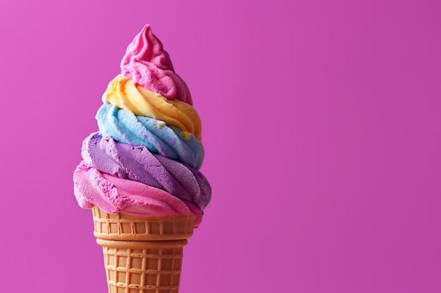 Delicious creamy rainbow colorful ice cream cone on a pink background