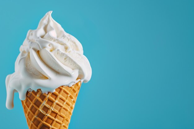 Delicious creamy white vanilla ice cream cone on a blue background