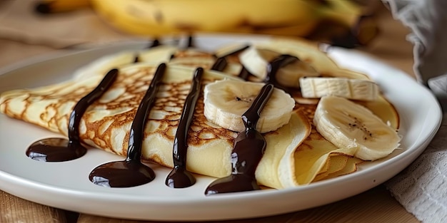 Delicious crepes with banana slices and chocolate sauce on a white plate