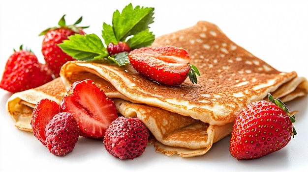 Delicious Crepes with Fresh Strawberries on White Background