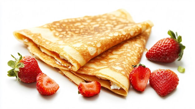 Delicious Crepes with Ricotta Cheese and Fresh Strawberries Isolated on White Background