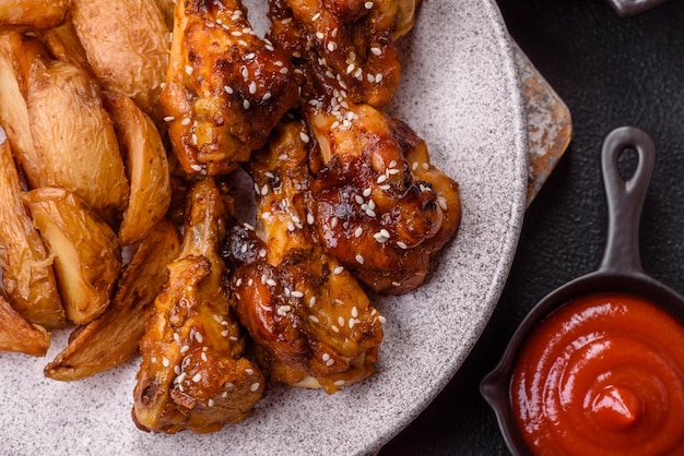 Photo delicious crispy baked chicken wings in teriyaki sauce