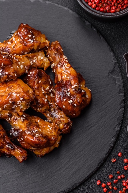 Photo delicious crispy baked chicken wings in teriyaki sauce