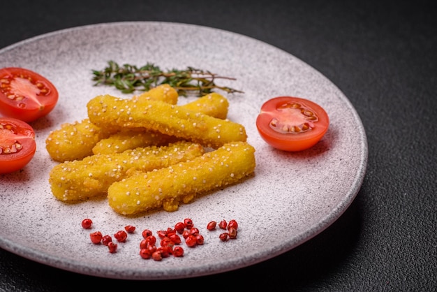 Delicious crispy cheese sticks with mozzarella salt and spices breaded and fried in oil