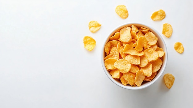 Delicious Crispy Corn Flakes in White Bowl Isolated on Top View