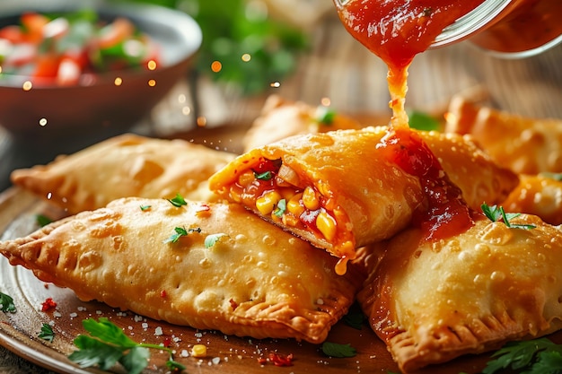 Delicious Crispy Empanadas with Meat and Vegetables Filling Served on a Rustic Wooden Table