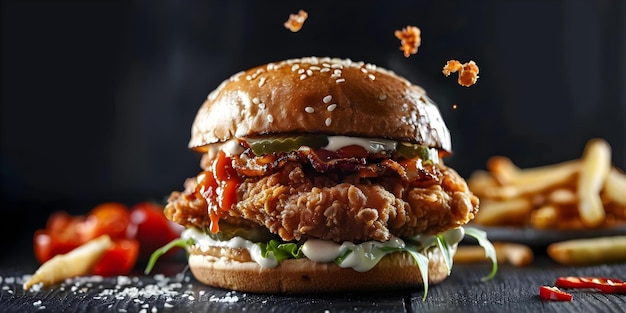 Delicious Crispy Fried Chicken Burger with Flying Ingredients Ready to Serve Concept Food Photography Burger Recipe Crispy Chicken Flying Ingredients Food Styling