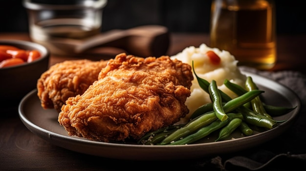 Delicious crispy fried chicken with coleslaw and corn on the cob