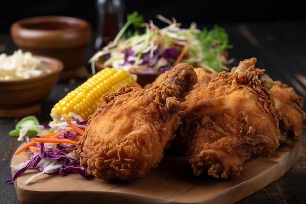 Delicious crispy fried chicken with coleslaw and corn on the cob