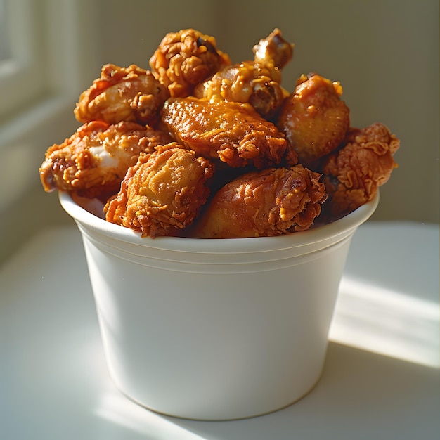 Delicious crispy golden brown fried chicken in a white bucket