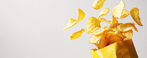 Delicious crispy potato chips falling back into yellow bag after being tossed in air