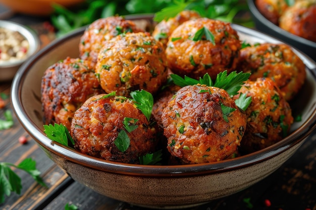 Photo delicious crispy vegetarian meatballs garnished with fresh parsley on rustic wooden table