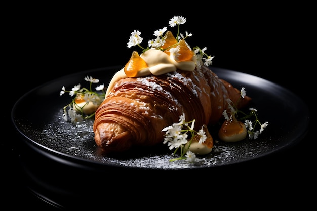 Delicious croissant and flowers on plate