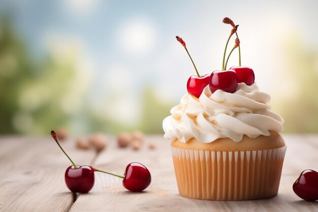 A delicious cupcake topped with a cherry whipped cream and chocolate drizzle Generative Ai