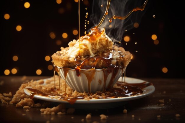 Photo a delicious cupcake topped with a scoop of creamy ice cream and drizzled with caramel sauce perfect for indulging in a sweet treat ideal for dessert menus or food blogs