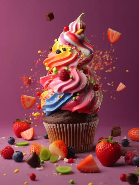 Delicious cupcake with colorful toppings and frosting surrounded by berries