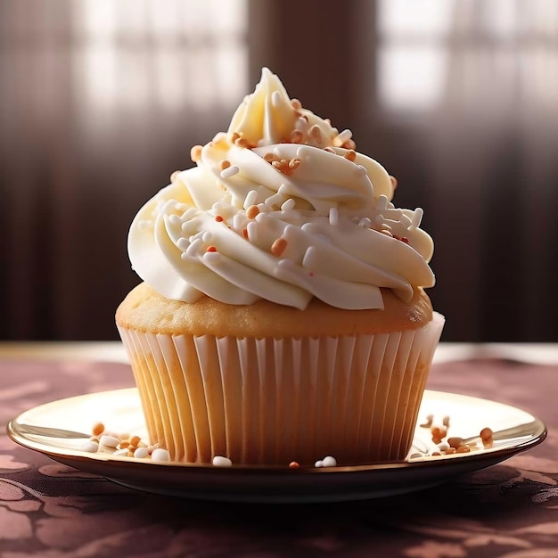 Delicious cupcake with cream and colorful sprinkles on dark background