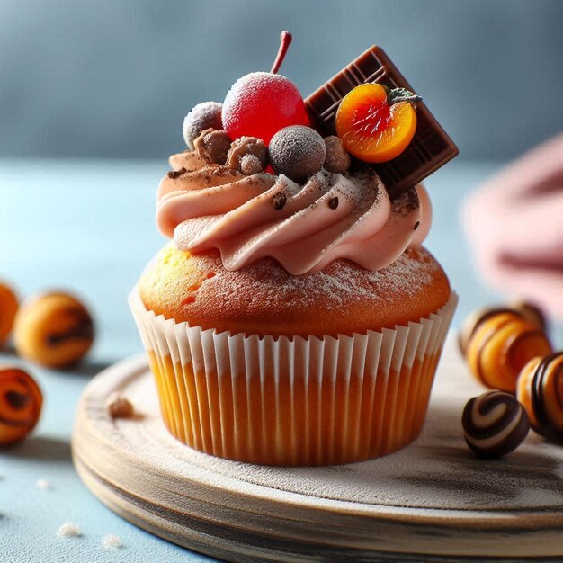 Photo delicious cupcake with fruits and chocolate top