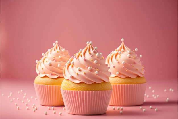 Delicious cupcakes on pink background Space for text Generative AI